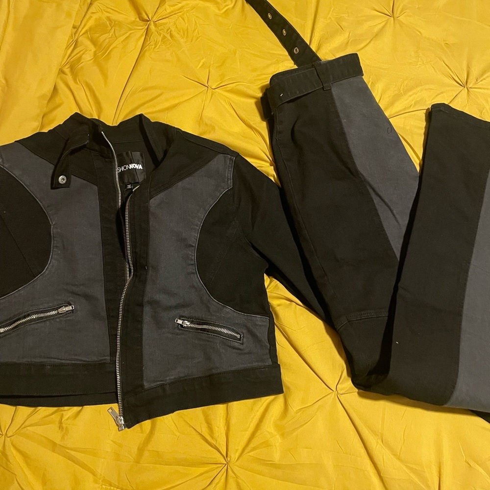 Size Large grey and black denim jacket and pants